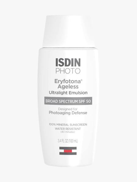 Isdin Eryfotona Actinica Ageless Tinted Mineral Sunscreen SPF 50 in branded component on a light gray background